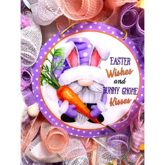 Handmade Easter Bunny Gnome Kisses Prelit Ribbon Wreath 22 in LED W13 - Picture 5 of 11